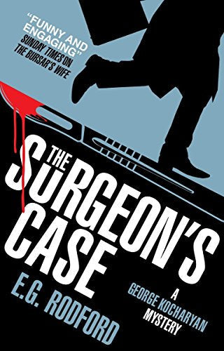 Book cover: silhouette, surgical tools, and red liquid on blue background.