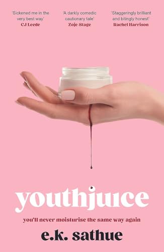 Pink book cover with a hand holding a jar, blood dripping from a vein.