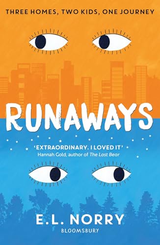 Book cover: "Runaways" with eyes, city skyline, and orange-blue color scheme.