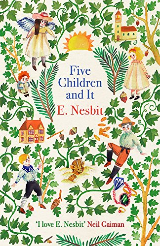 Book cover: children, a fairy, and a sandy landscape amidst foliage.