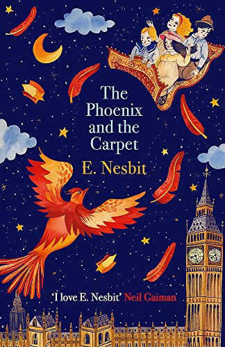 Book cover: children flying on a carpet with a phoenix and Big Ben.
