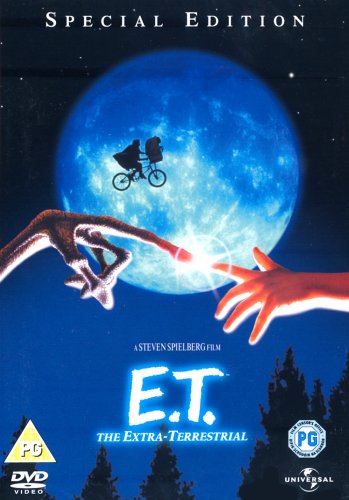 E.T. DVD cover: boy and alien silhouetted against a large blue moon.