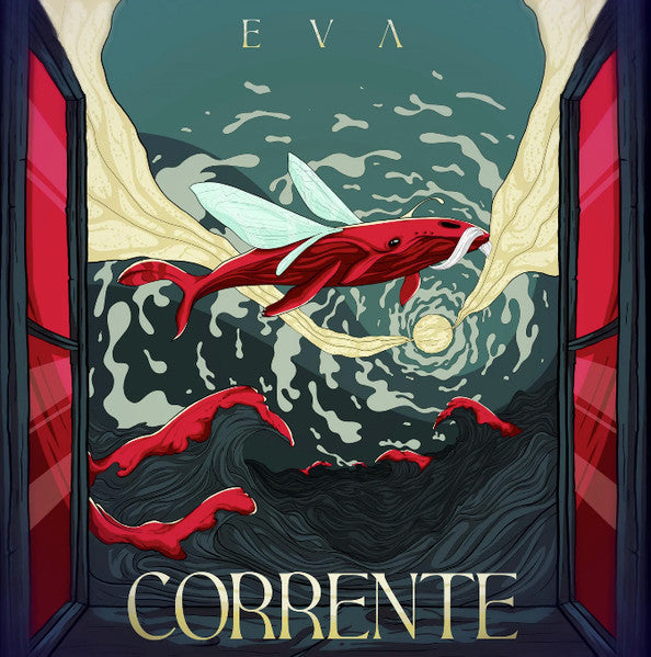 CD cover: red whale with wings flies over swirling blue waves.