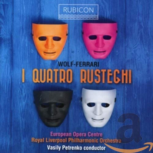 CD cover for "I Quattro Rusteghi" featuring four theatrical masks on blue.