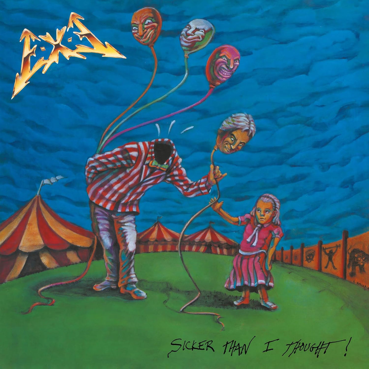 Painted album cover with figures, balloons, and a circus tent scene.