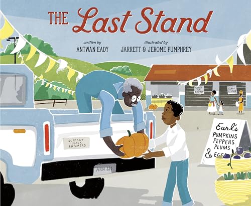 Book cover: man and boy with pumpkins at a farm stand.