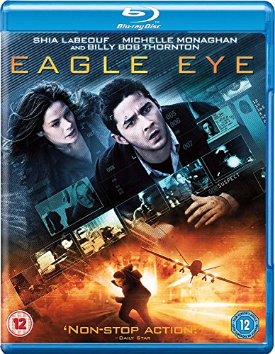 Blu-ray cover for Eagle Eye featuring Shia LaBeouf and Michelle Monaghan with surveillance graphics.