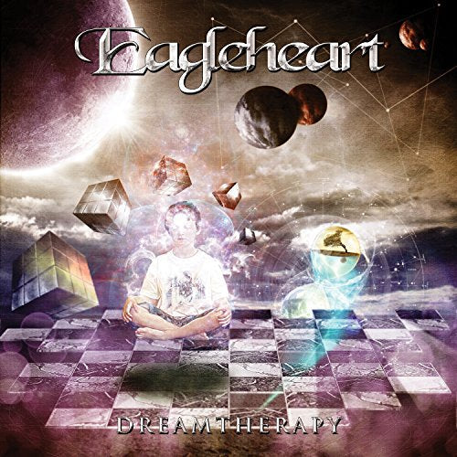 CD cover: surreal landscape with a meditating person and floating shapes.