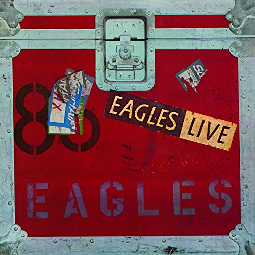 Red road case with "Eagles Live" text and stickers on front.