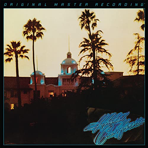 Hotel California" CD cover with a building silhouetted by palm trees.