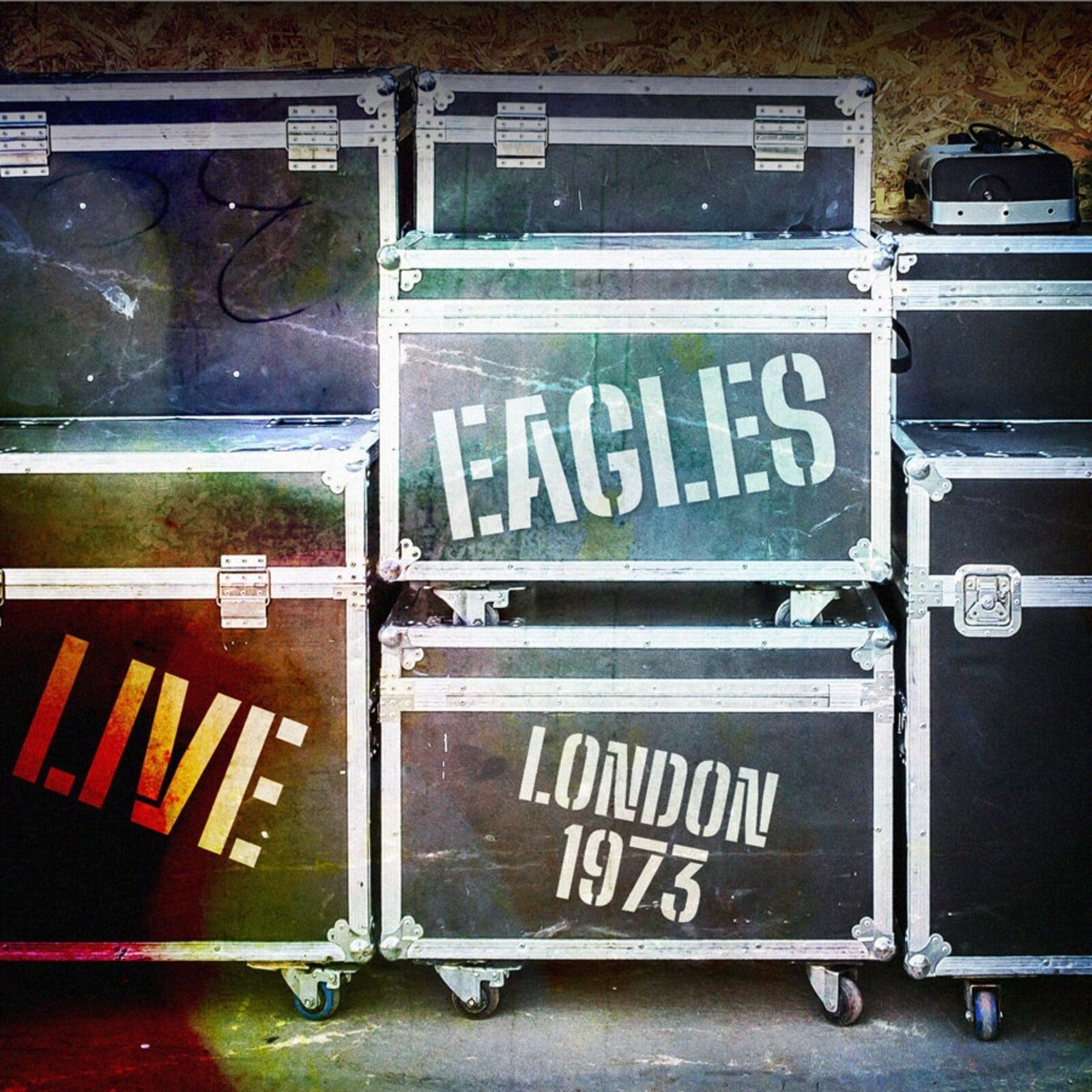 Eagles "Live London 1973" CD cover art featuring stacked road cases.