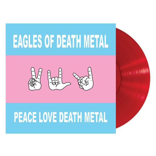 Red vinyl record with album cover featuring hands making rock signs.