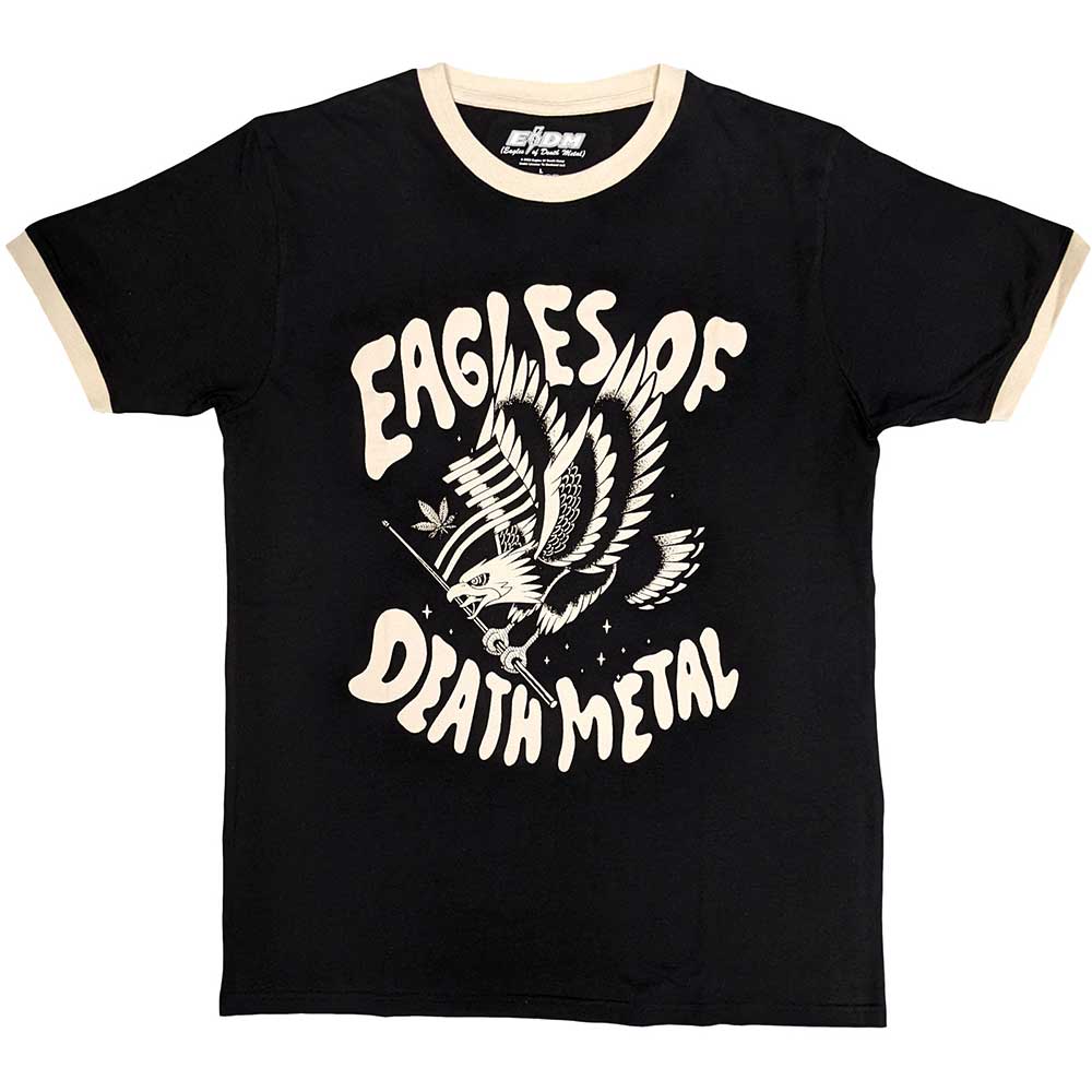 Black t-shirt with white and red ringers, featuring an eagle graphic.