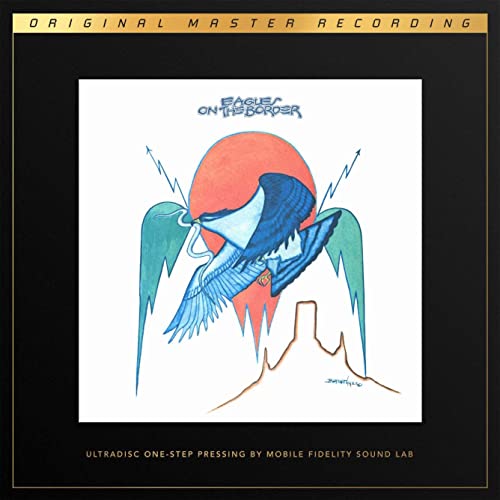 Eagles album cover with blue bird in front of orange sun and brown mountain.