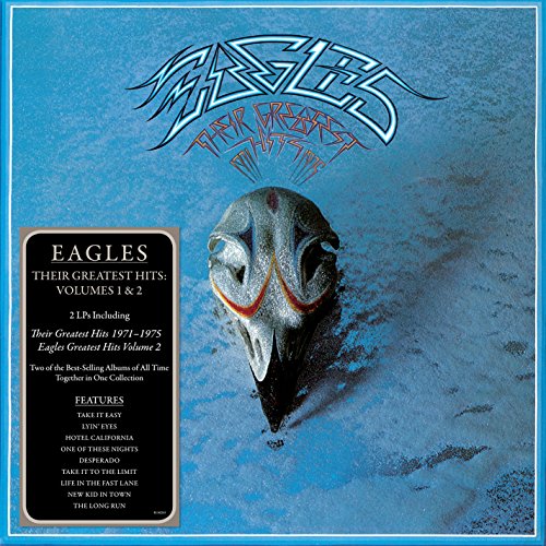 "Blue vinyl record cover with Eagles logo, mask, and song list on a black rectangle."
