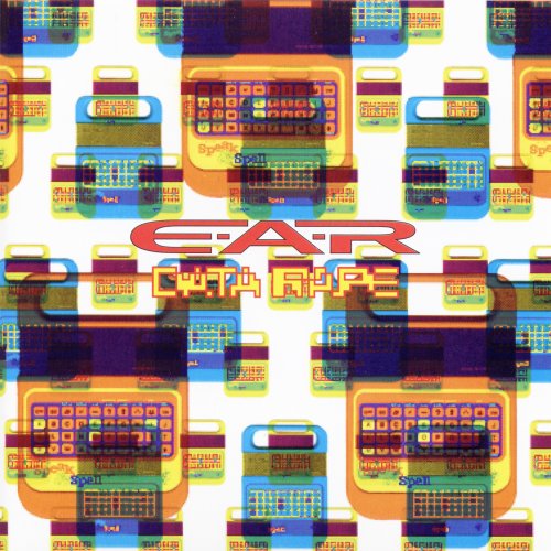 A repeating pattern of colorful Speak & Spell toys with the text E.A.R. Data Rape.