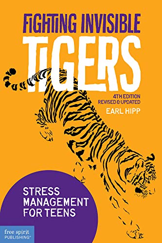 Book cover with an orange background, a tiger illustration, and purple and white text.