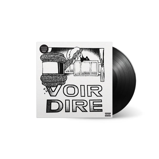 Vinyl record with black and white illustrated cover, text “VOIR DIRE”.