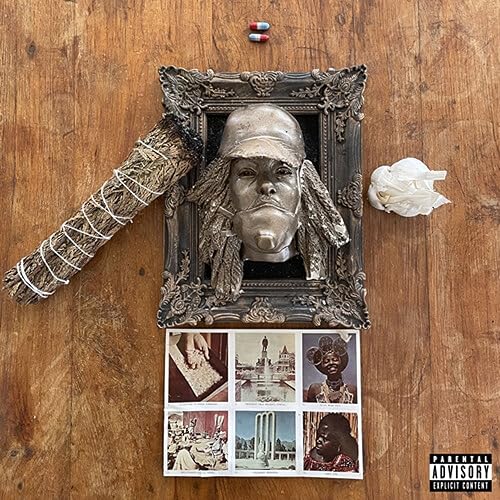 Earl Sweatshirt album cover: framed bust with sage and photos.