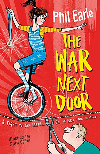 Book cover: girl on unicycle, red background, boy looking up.