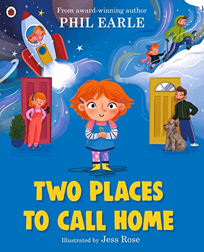 Book cover depicting a child with two doors and family scenes.