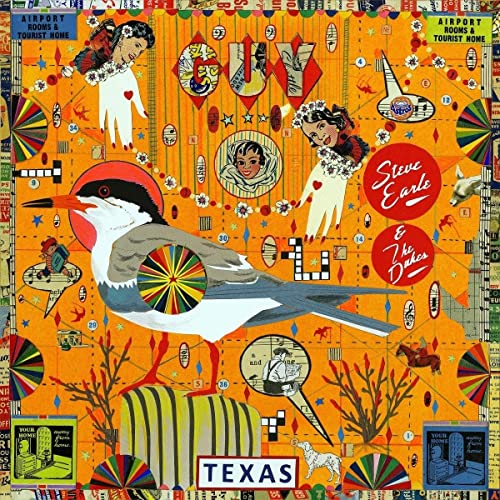 Collage-style album cover featuring a large bird, stylized figures, and text on orange background.
