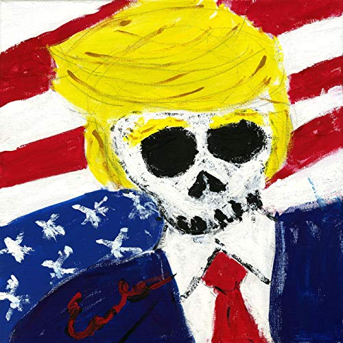 Painted skull with blonde hair against an American flag background.
