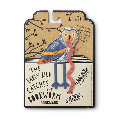 Owl bookmark with a red worm, text reads "Early Bird Catches the Bookworm".