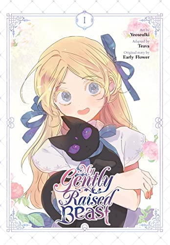Blonde girl holding a black cat with purple eyes, manga volume cover.