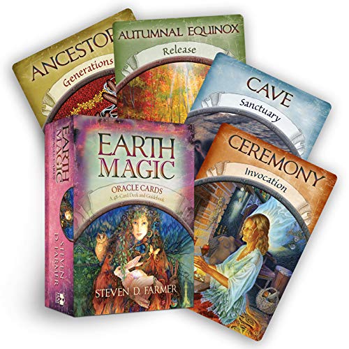 Earth Magic oracle card deck box and several individual cards with nature-themed illustrations.