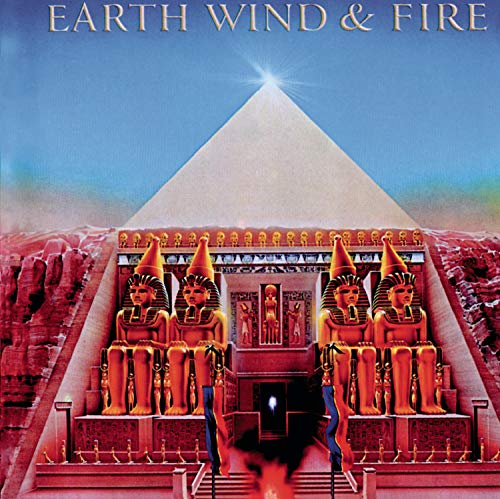 Album cover for Earth, Wind & Fire’s “All N All” featuring a pyramid and statues.