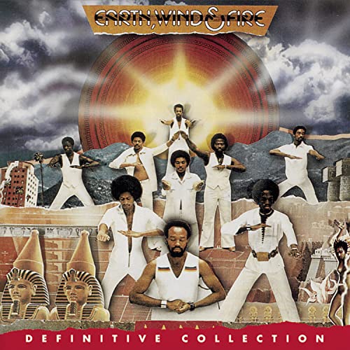 Earth, Wind & Fire album cover with band members and Egyptian imagery.