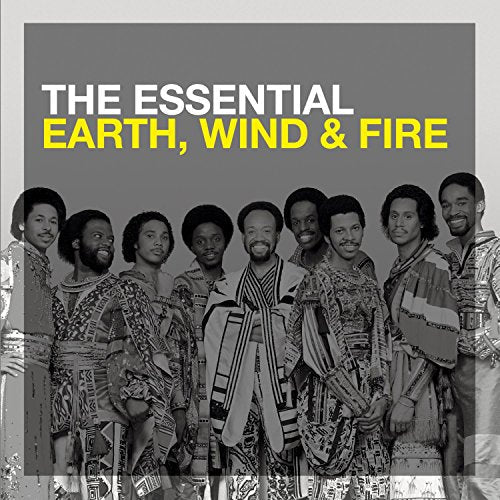 Earth, Wind & Fire band portrait on a CD cover, grayscale with yellow text.