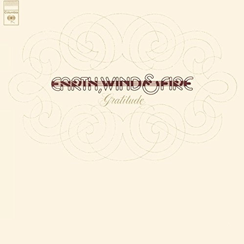 Earth, Wind & Fire Gratitude" vinyl record cover, beige with swirling designs.