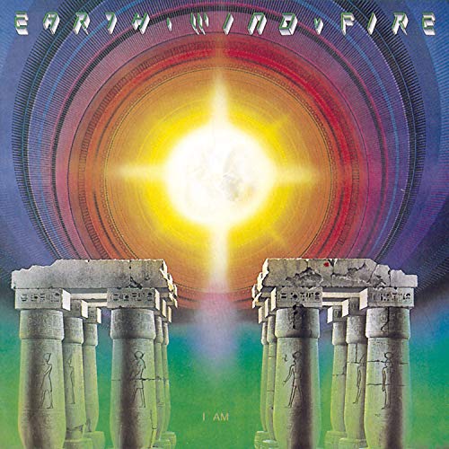Album cover for Earth, Wind & Fire’s “I Am” featuring ruins and a sunburst.