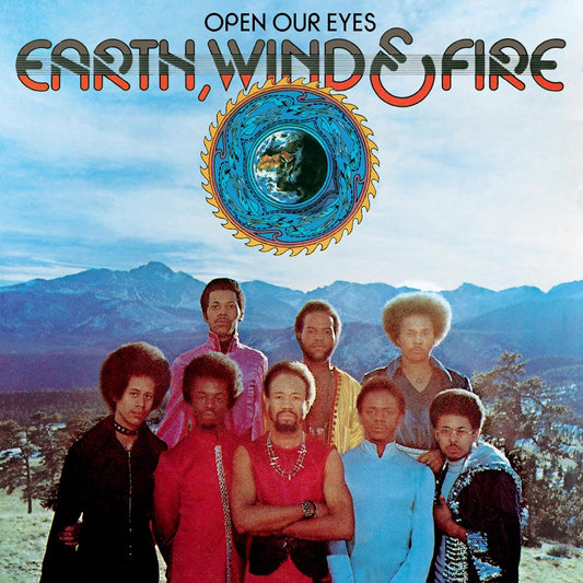 Earth, Wind & Fire album cover with band photo and sunburst design.