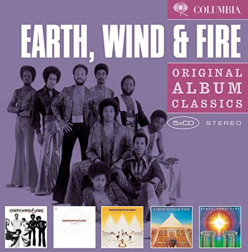 Earth, Wind & Fire group photo and album covers on purple background.