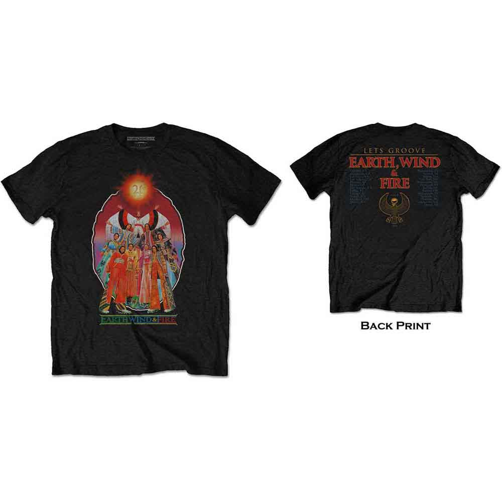 Grey t-shirt with colorful Earth, Wind & Fire graphic on front and back.