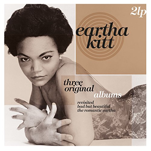 Sepia-toned portrait of Eartha Kitt on a vinyl record cover with text overlay.