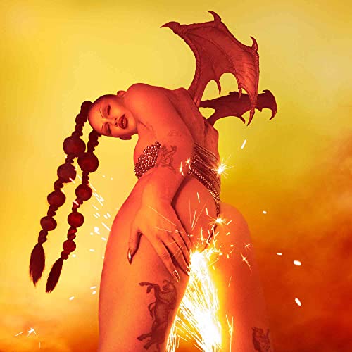 Person with dragon wings and sparking skin against a warm orange background.