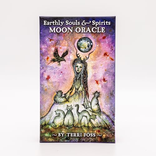 Oracle card deck cover with a woman, cats, and a glowing moon.