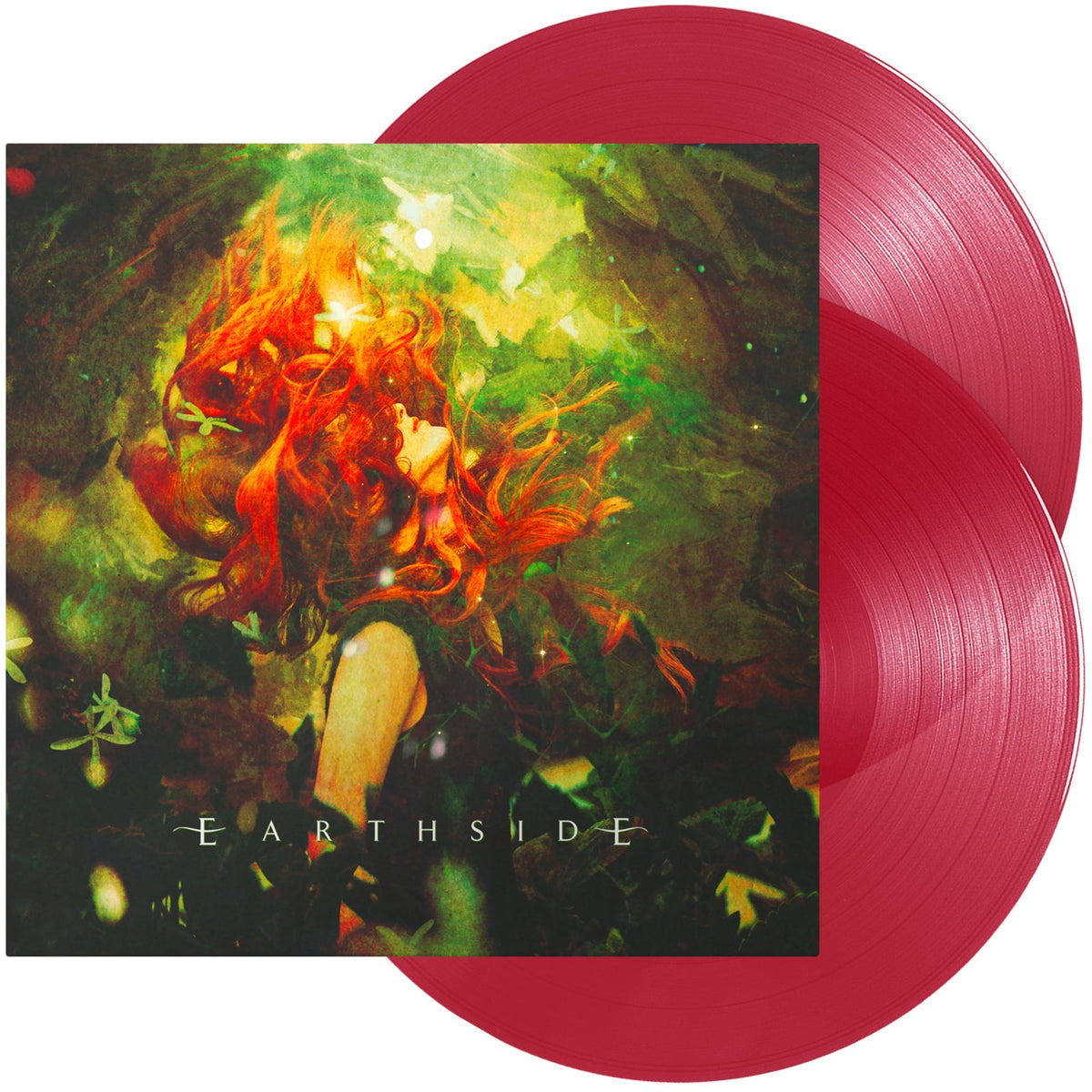 Two red vinyl records with cover art depicting a woman in a forest.