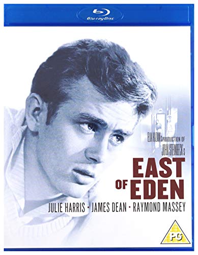 Blu-ray cover for East of Eden featuring a black and white portrait of James Dean.