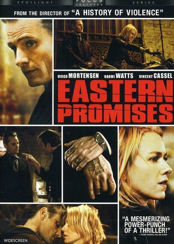 DVD cover for "Eastern Promises" featuring Viggo Mortensen, Naomi Watts, and Vincent Cassel.