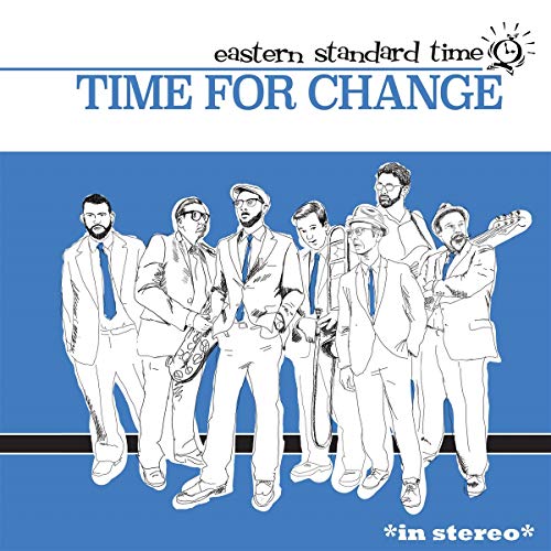 "Album cover with six men in suits holding instruments against a blue background."