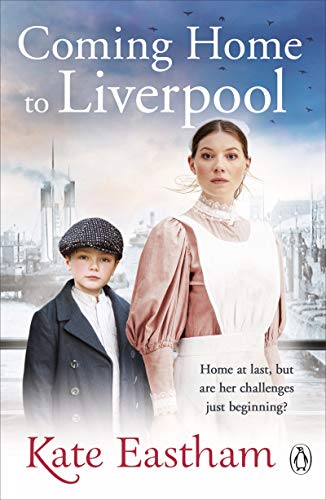 Book cover: woman and boy in historical setting, Liverpool skyline.