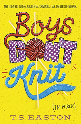 Book cover: "Boys Don't Knit" with yarn and purple polka dots.