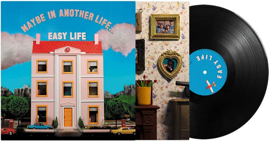Vinyl record and album cover featuring a pink house and blue sky.