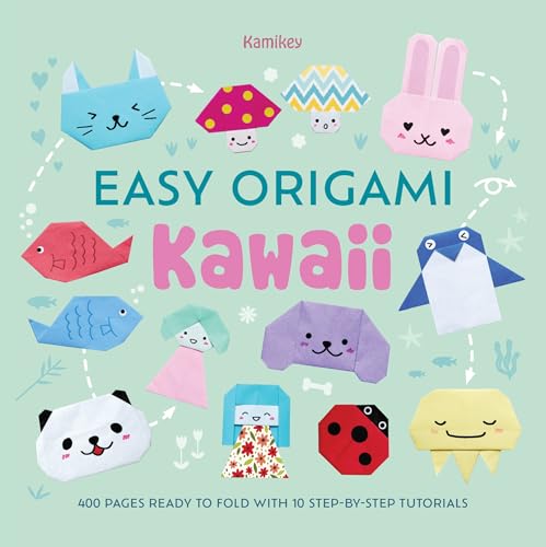 Book cover titled Easy Origami Kawaii featuring various colorful paper-folded animal and character designs.