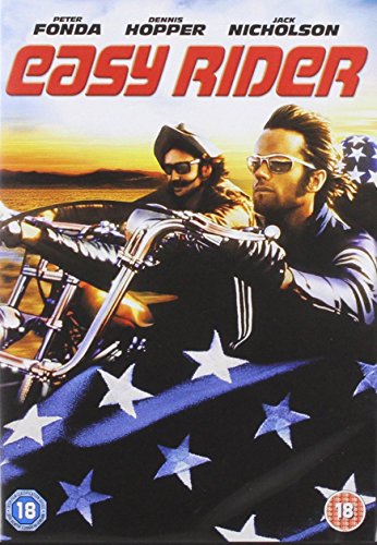 Two men riding motorcycles against a sunset background with a star-spangled banner in foreground.